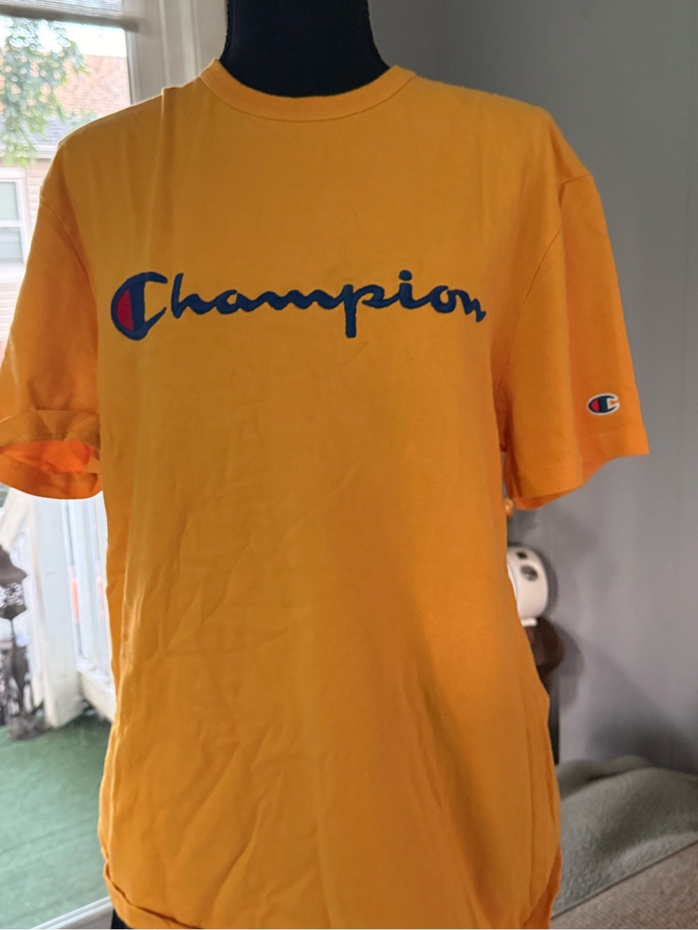 Champion Bright Yellow Tee with Navy Script Logo